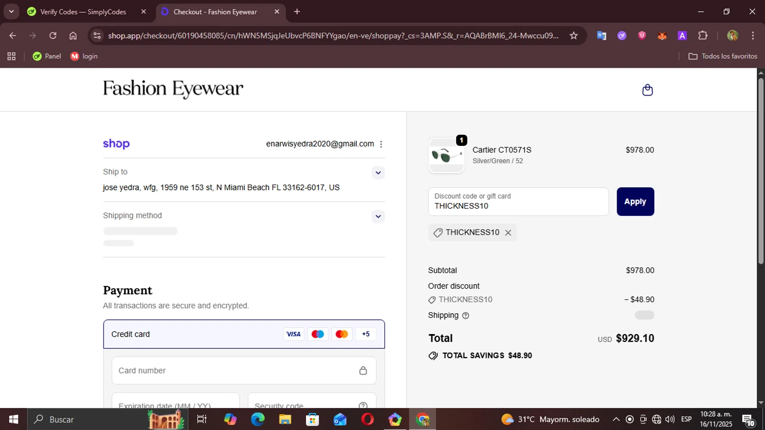 Fashion Eyewear discount code screenshot showing code THICKNESS10 applied at Fashion Eyewear checkout page. Uploaded by SimplyCodes community member Demogorgon on Nov 16, 2025