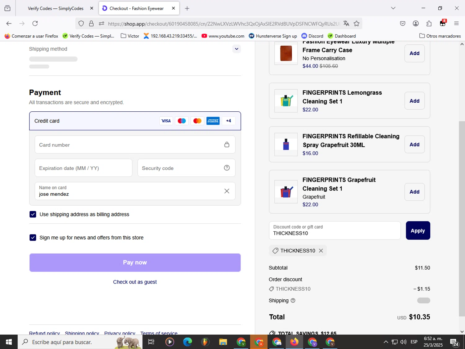 Fashion Eyewear discount code screenshot showing code THICKNESS10 applied at Fashion Eyewear checkout page. Uploaded by SimplyCodes community member Garou_Y2K on Mar 25, 2025