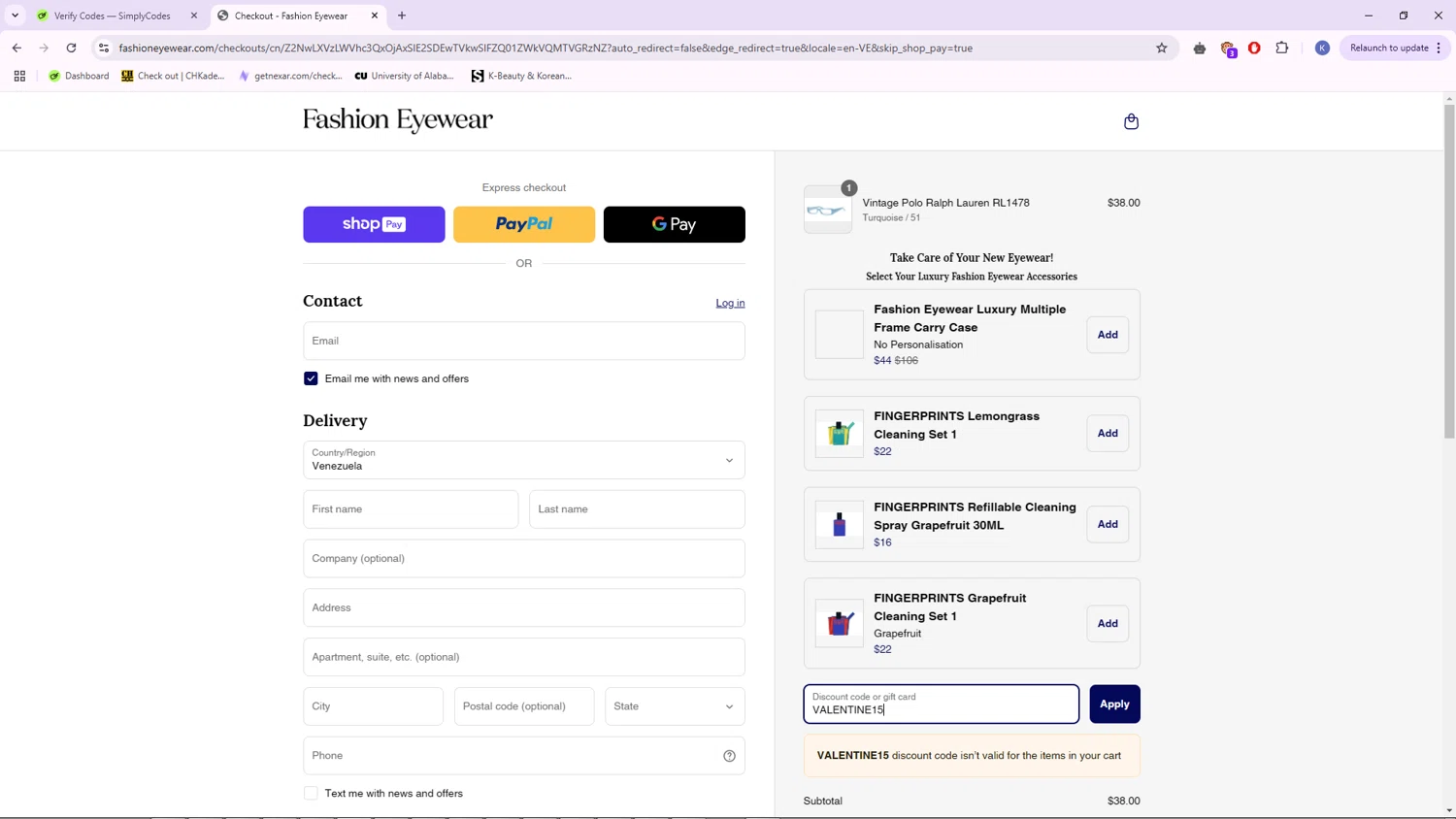 Fashion Eyewear discount code screenshot showing code VALENTINE15 applied at Fashion Eyewear checkout page. Uploaded by SimplyCodes community member CleverFalcon7771 on Mar 25, 2025