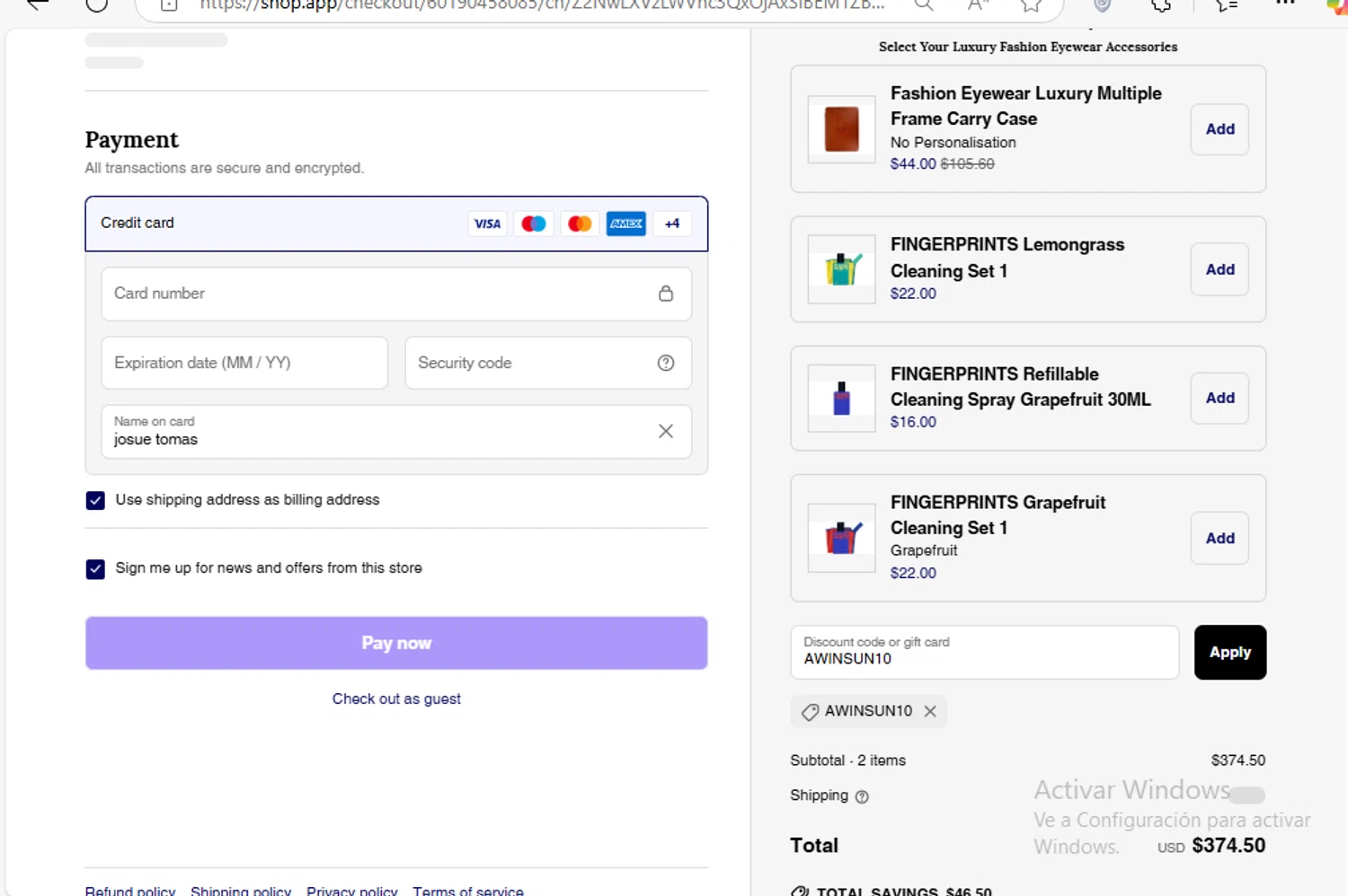 Fashion Eyewear discount code screenshot showing code AWINSUN10 applied at Fashion Eyewear checkout page. Uploaded by SimplyCodes community member Franco20 on Mar 15, 2025