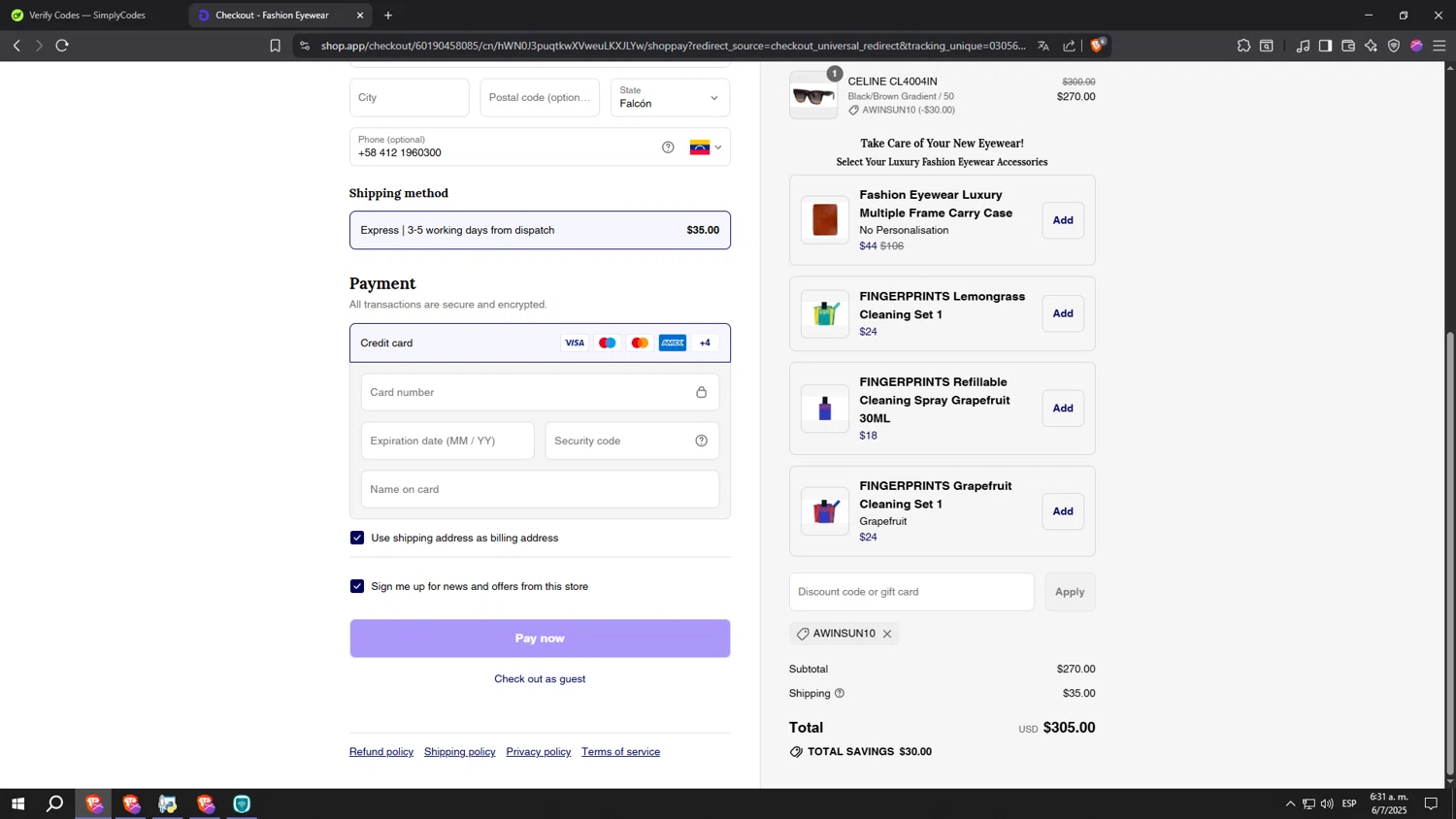 Fashion Eyewear discount code screenshot showing code AWINSUN10 applied at Fashion Eyewear checkout page. Uploaded by SimplyCodes community member aaaaaaaaaaaaaaaaaaaaa on Jul 6, 2025