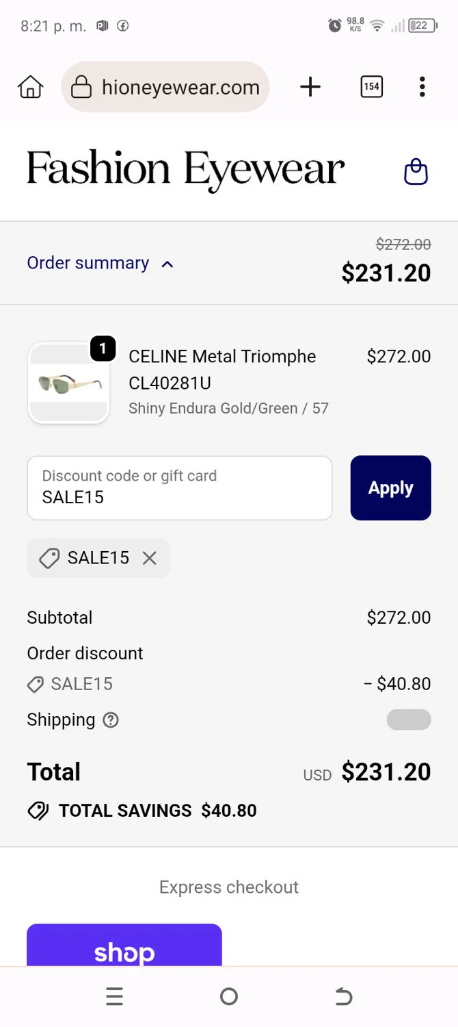 Fashion Eyewear discount code screenshot showing code SALE15 applied at Fashion Eyewear checkout page. Uploaded by SimplyCodes community member Typer19 on Dec 13, 2025