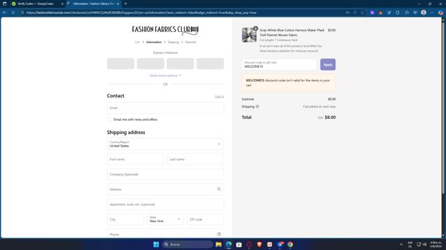 Fashion Fabrics Club checkout page showing Fashion Fabrics Club coupon code box | Screenshot taken by SimplyCodes community member on Sep 4, 2025