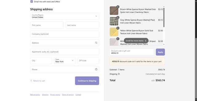 Fashion Fabrics Club checkout page showing Fashion Fabrics Club coupon code box | Screenshot taken by SimplyCodes community member on Sep 8, 2025