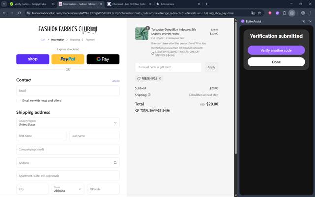 Fashion Fabrics Club checkout page showing Fashion Fabrics Club coupon code box | Screenshot taken by SimplyCodes community member on Aug 31, 2025