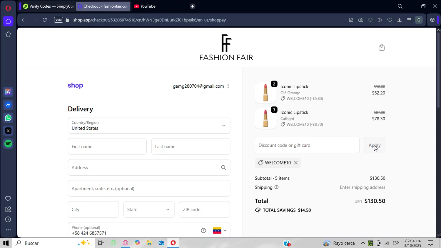 Fashion Fair coupon code screenshot showing code WELCOME10 applied at Fashion Fair checkout page. Uploaded by SimplyCodes community member CrownWizard8571 on Oct 3, 2025