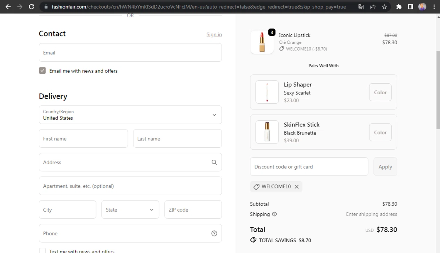Fashion Fair coupon code screenshot showing code WELCOME10 applied at Fashion Fair checkout page. Uploaded by SimplyCodes community member HUNTER1406 on Oct 27, 2025