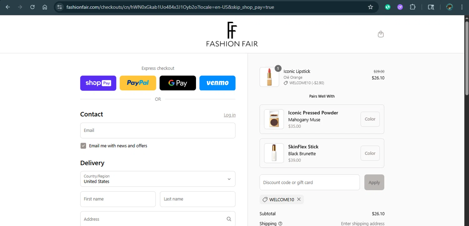 Fashion Fair coupon code screenshot showing code WELCOME10 applied at Fashion Fair checkout page. Uploaded by SimplyCodes community member xAngel on Jul 23, 2025