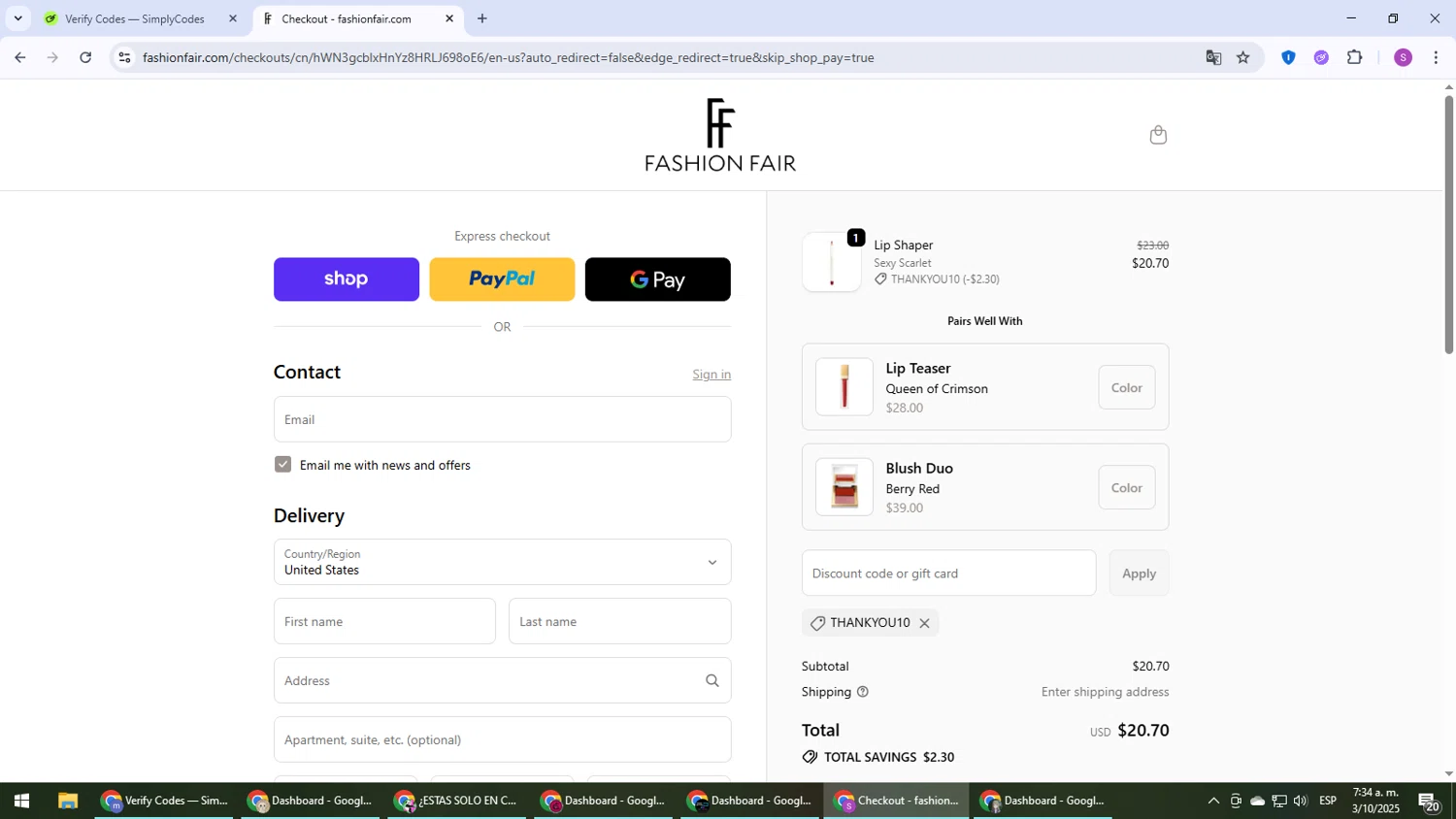 Fashion Fair coupon code screenshot showing code THANKYOU10 applied at Fashion Fair checkout page. Uploaded by SimplyCodes community member Son_Goku on Oct 3, 2025