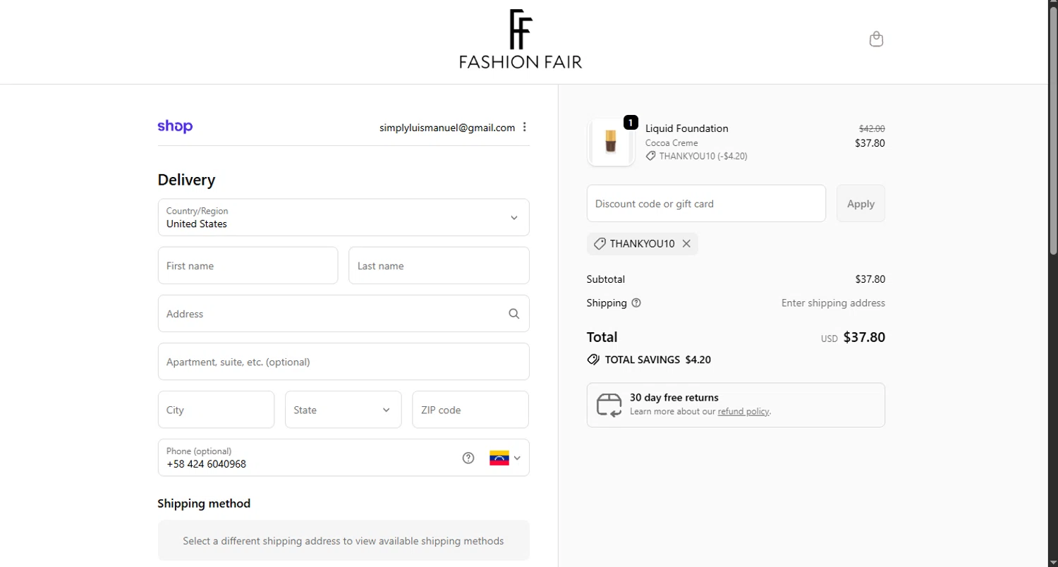 Fashion Fair coupon code screenshot showing code THANKYOU10 applied at Fashion Fair checkout page. Uploaded by SimplyCodes community member WoskalJR on Sep 21, 2025
