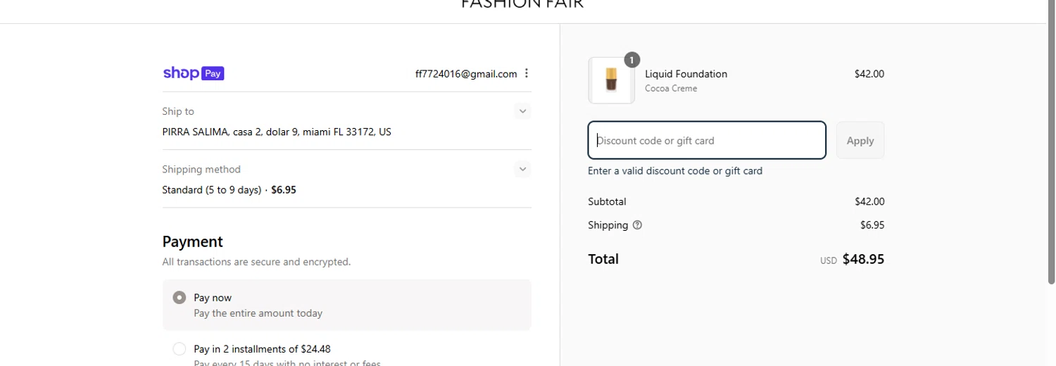 Fashion Fair coupon code screenshot showing code FFCHICAGO applied at Fashion Fair checkout page. Uploaded by SimplyCodes community member BonusDefender8823 on Aug 17, 2025