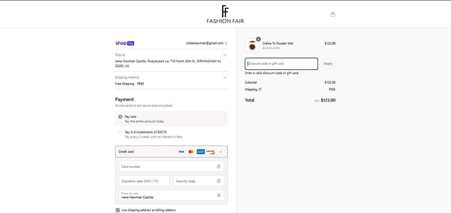 Fashion Fair coupon code screenshot showing code FFCHICAGO applied at Fashion Fair checkout page. Uploaded by SimplyCodes community member DiscountLion3937 on Aug 17, 2025