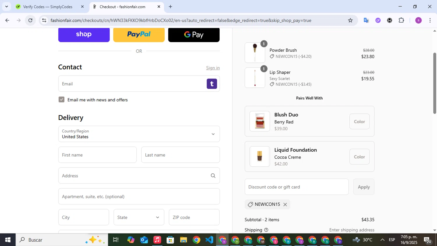 Fashion Fair coupon code screenshot showing code NEWICON15 applied at Fashion Fair checkout page. Uploaded by SimplyCodes community member WonderPioneer5062 on Sep 16, 2025