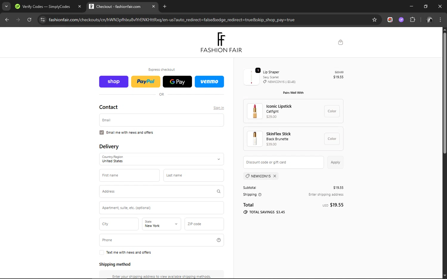 Fashion Fair coupon code screenshot showing code NEWICON15 applied at Fashion Fair checkout page. Uploaded by SimplyCodes community member ELMARRON on Oct 7, 2025