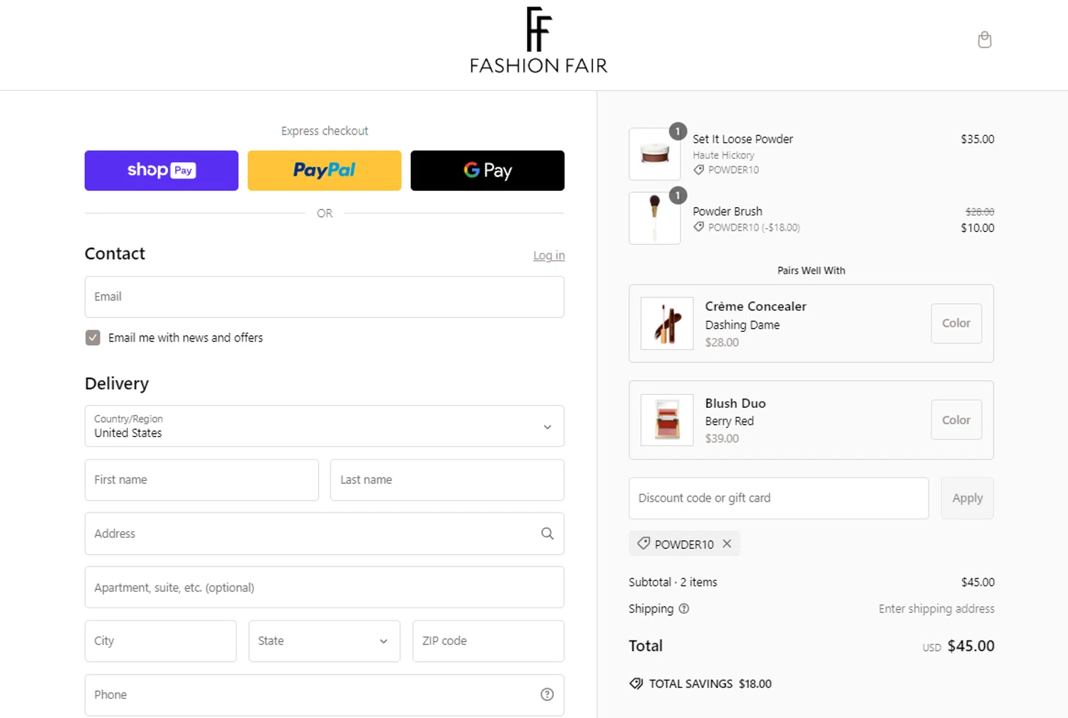 Fashion Fair coupon code screenshot showing code POWDER10 applied at Fashion Fair checkout page. Uploaded by SimplyCodes community member jesspea on Feb 26, 2025