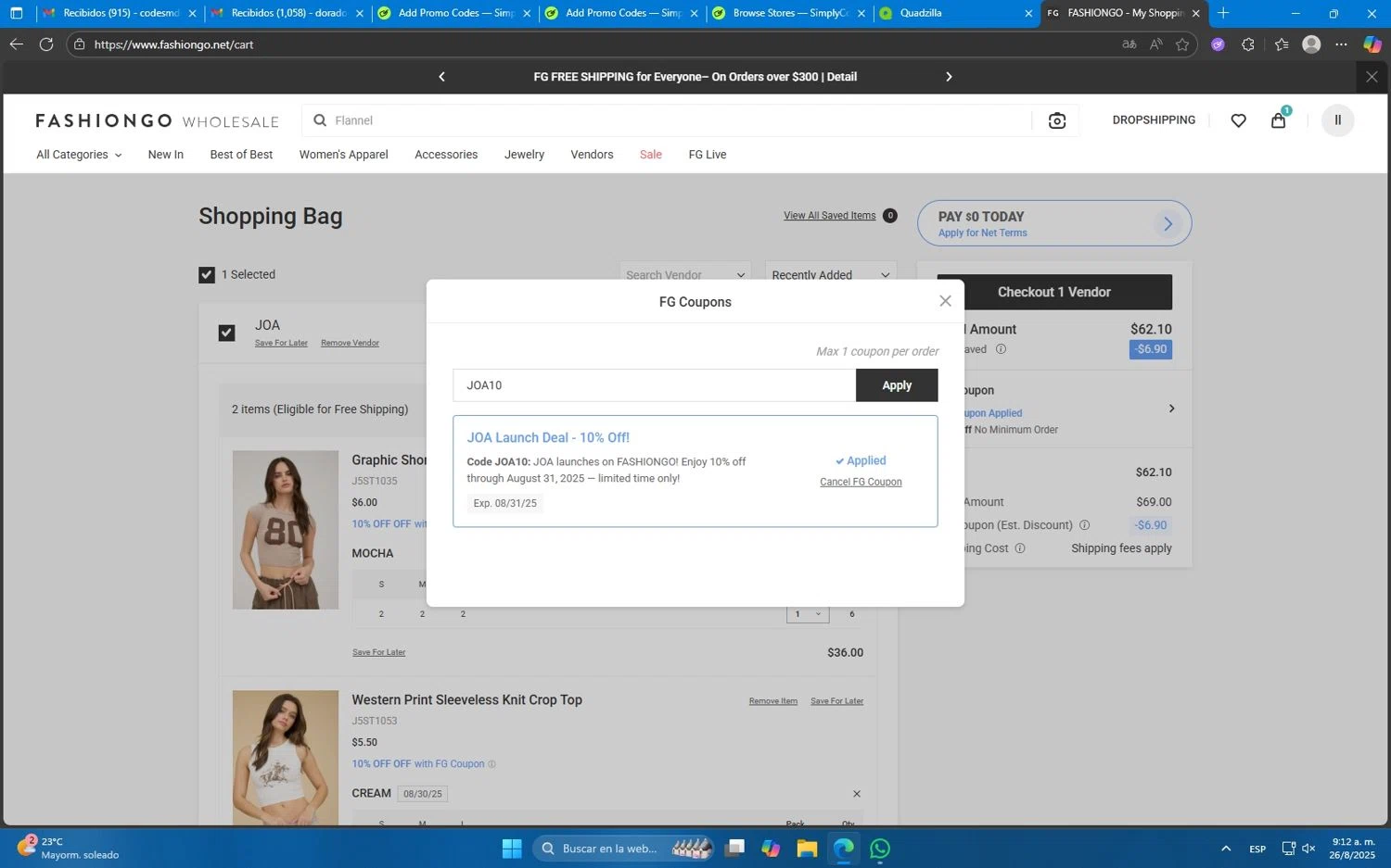 FashionGo coupon code screenshot showing code JOA10 applied at FashionGo checkout page. Uploaded by SimplyCodes community member Mdeoca on Aug 26, 2025