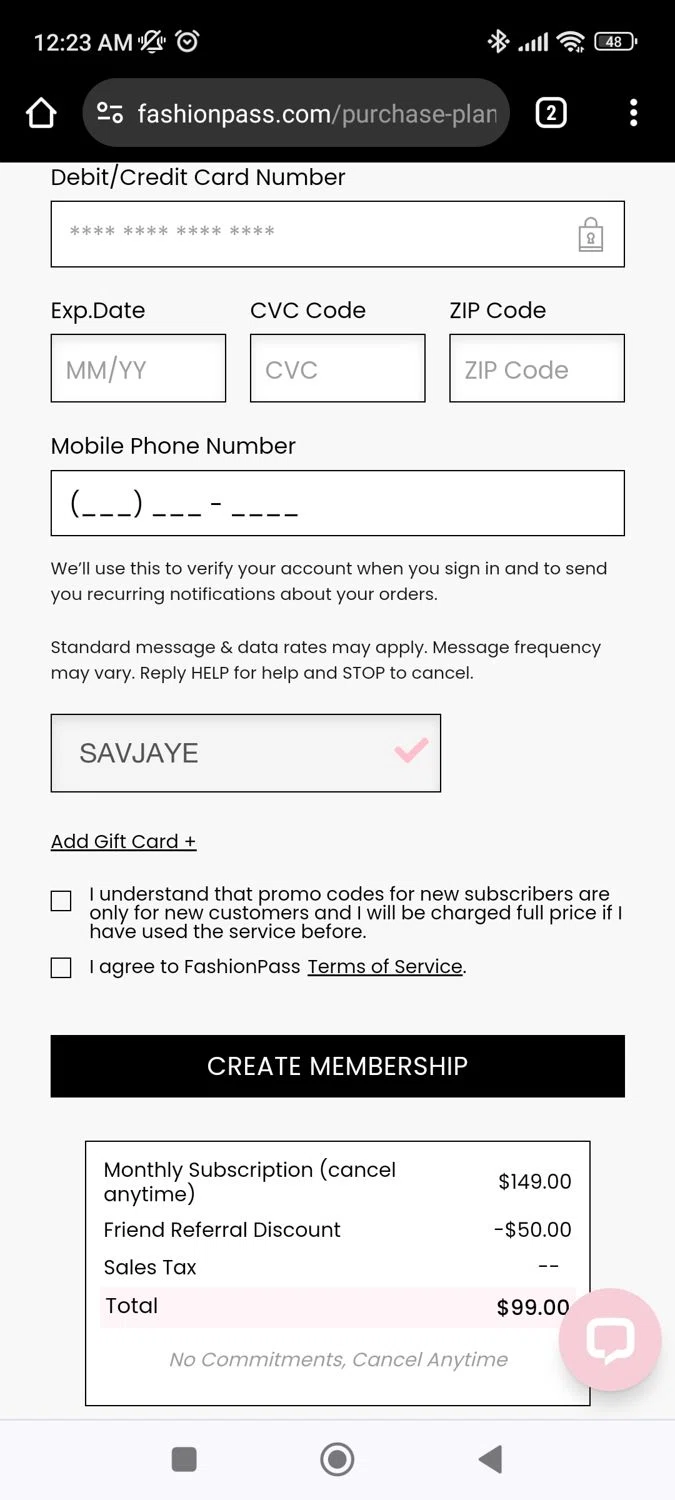FashionPass checkout page showing FashionPass discount code box | Screenshot taken by SimplyCodes community member on Feb 7, 2024