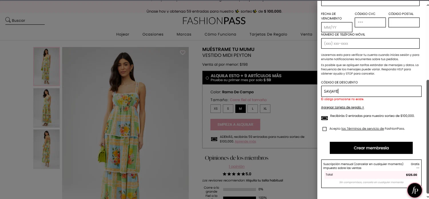 FashionPass discount code screenshot showing code SAVJAYE applied at FashionPass checkout page. Uploaded by SimplyCodes community member CleverWhiz2265 on Mar 11, 2025
