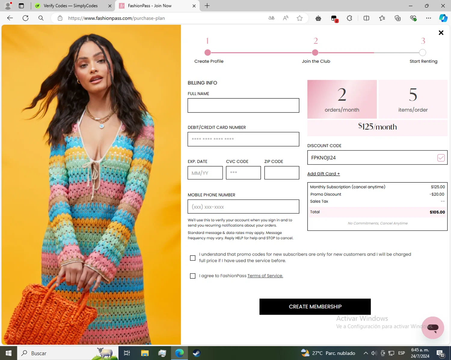 FashionPass checkout page showing FashionPass discount code box | Screenshot taken by SimplyCodes community member on Jul 24, 2024