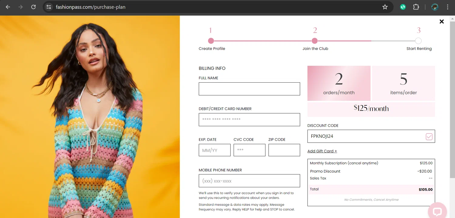 FashionPass checkout page showing FashionPass discount code box | Screenshot taken by SimplyCodes community member on May 27, 2024