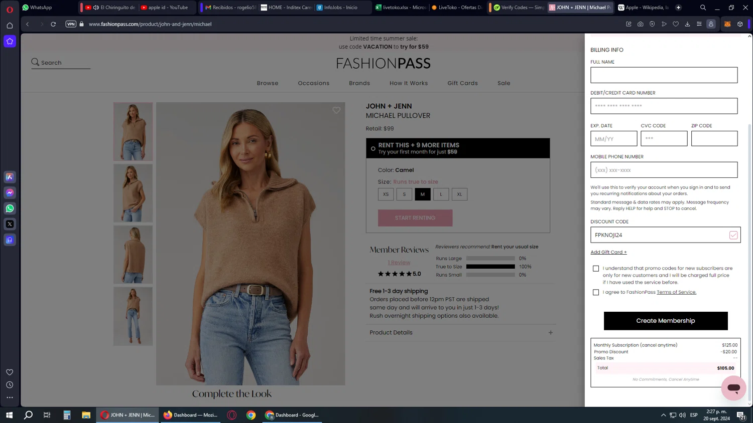FashionPass checkout page showing FashionPass discount code box | Screenshot taken by SimplyCodes community member on Sep 20, 2024