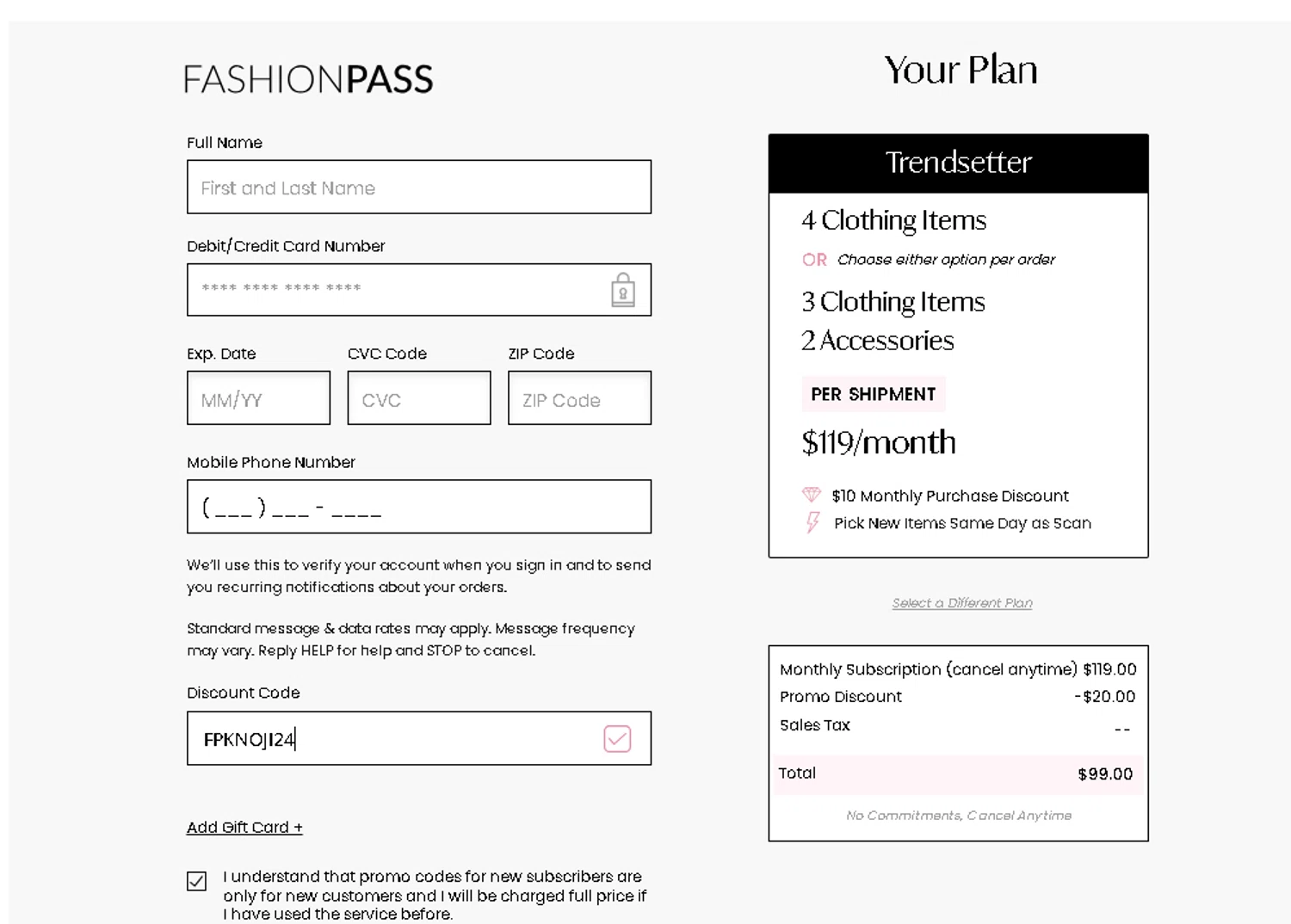 FashionPass checkout page showing FashionPass discount code box | Screenshot taken by SimplyCodes community member on Apr 28, 2024