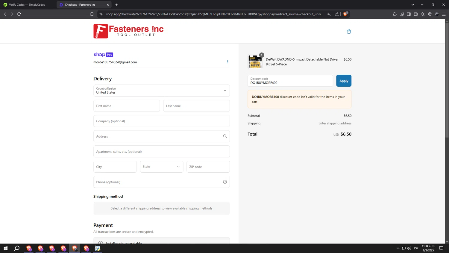 Fasteners Inc discount code screenshot showing code DQ1BUYMORE400 applied at Fasteners Inc checkout page. Uploaded by SimplyCodes community member sssssssssssssssssss on Mar 6, 2025