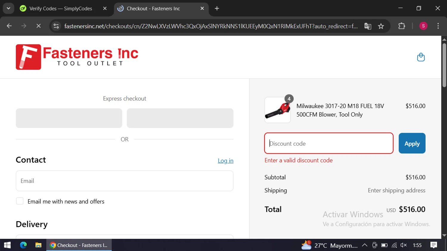Fasteners Inc discount code screenshot showing code DQ1BUYMORE400 applied at Fasteners Inc checkout page. Uploaded by SimplyCodes community member swiftie on Apr 28, 2025