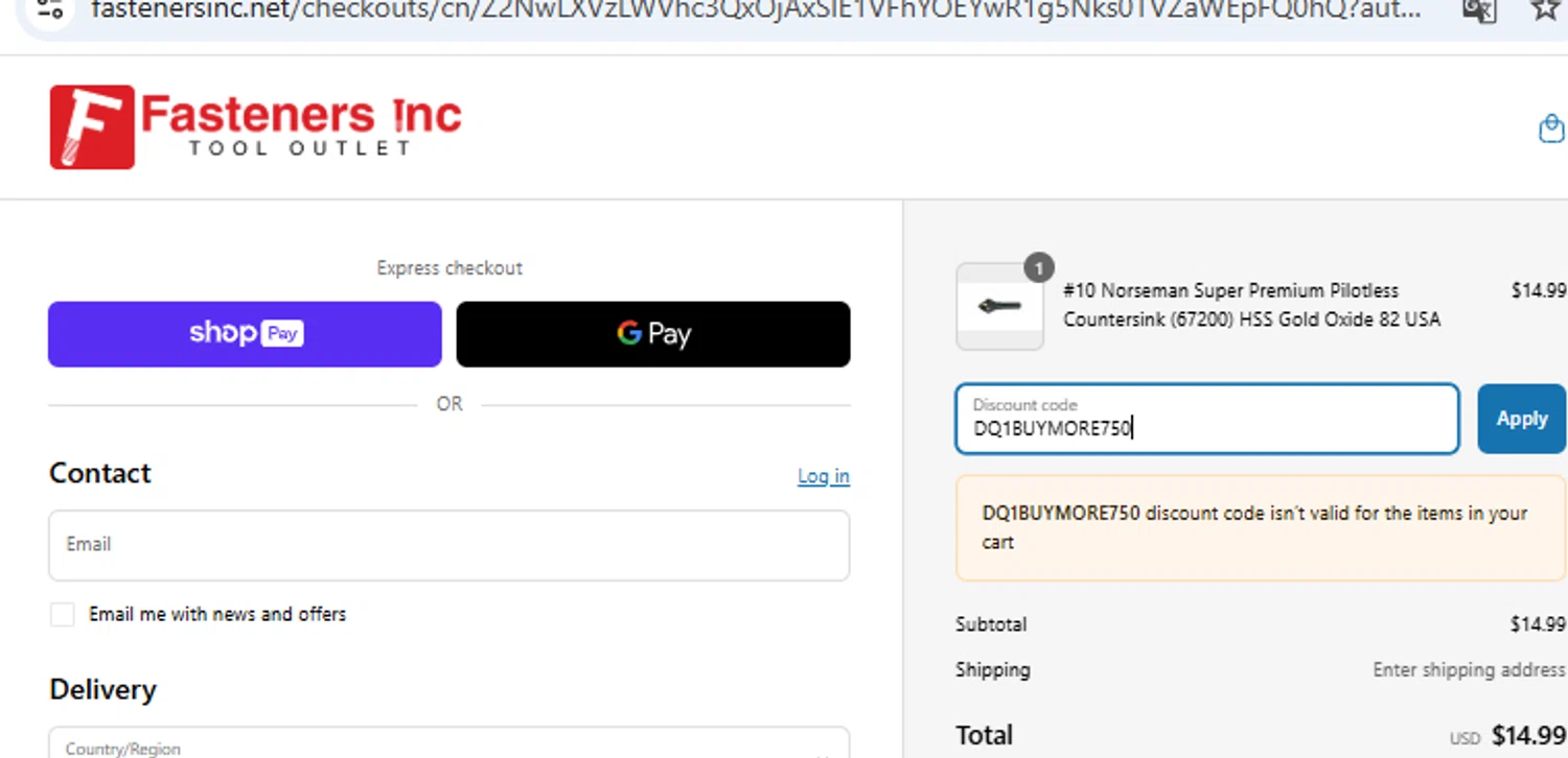 Fasteners Inc discount code screenshot showing code DQ1BUYMORE750 applied at Fasteners Inc checkout page. Uploaded by SimplyCodes community member PennyOwl2559 on Mar 25, 2025