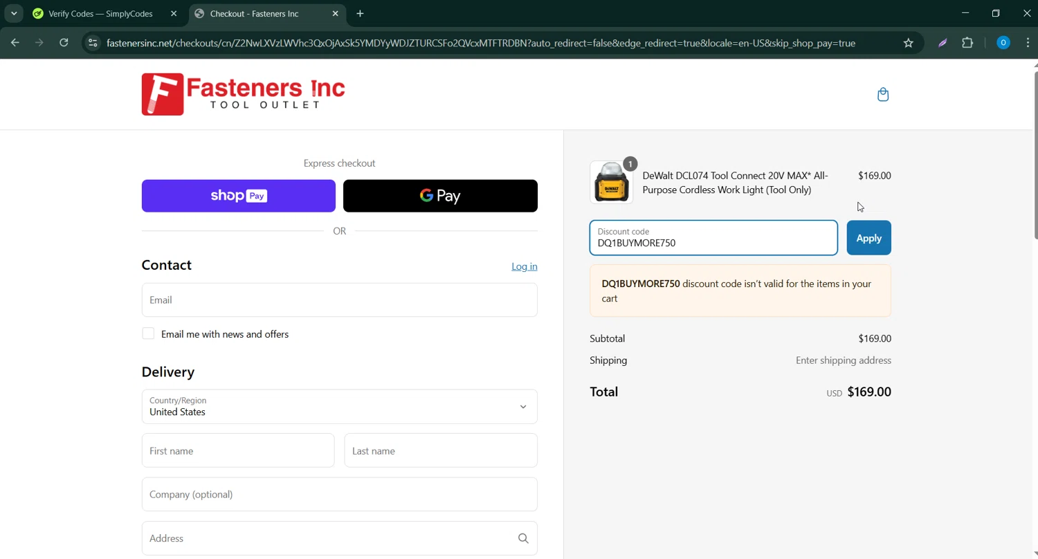 Fasteners Inc discount code screenshot showing code DQ1BUYMORE750 applied at Fasteners Inc checkout page. Uploaded by SimplyCodes community member GoldChaser6627 on Mar 9, 2025