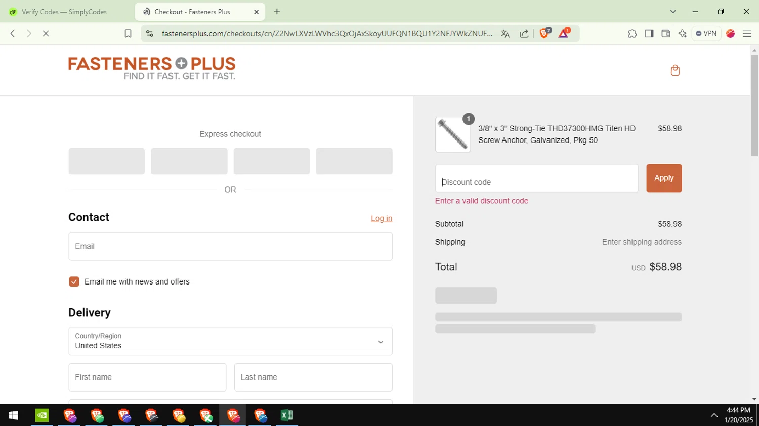 Fasteners Plus discount code screenshot showing code BFSALE12 applied at Fasteners Plus checkout page. Uploaded by SimplyCodes community member ValueFox5508 on Jan 20, 2025