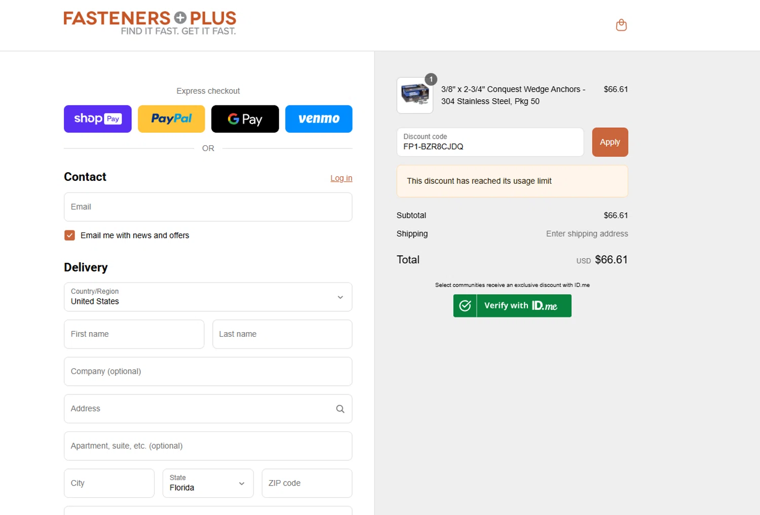 Fasteners Plus discount code screenshot showing code FP1-BZR8CJDQ applied at Fasteners Plus checkout page. Uploaded by SimplyCodes community member FortunateCurator3351 on Jul 23, 2025