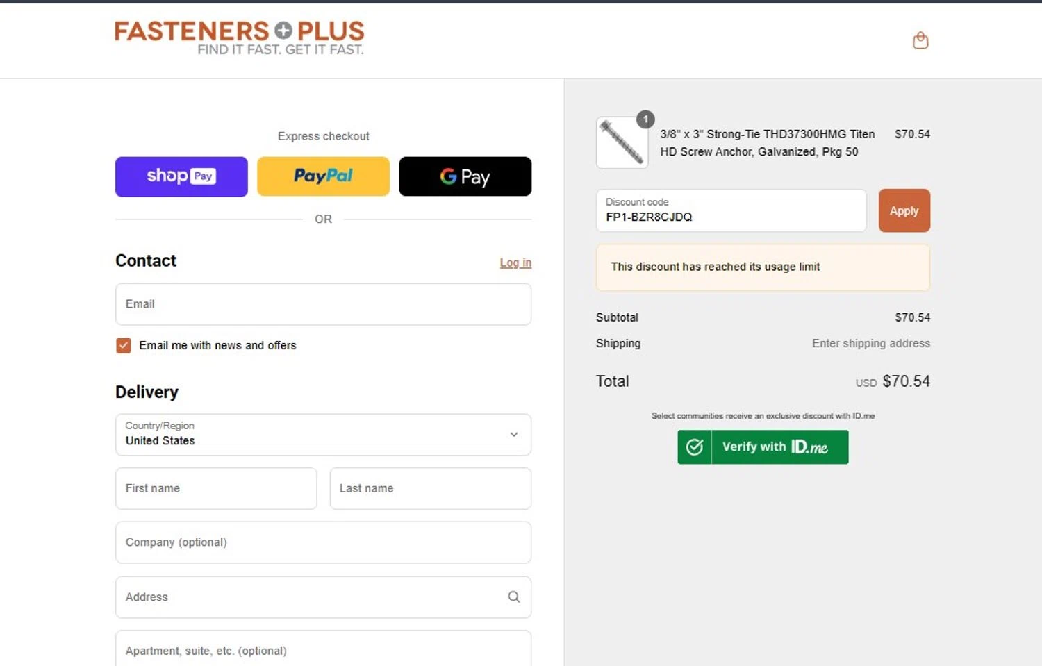 Fasteners Plus discount code screenshot showing code FP1-BZR8CJDQ applied at Fasteners Plus checkout page. Uploaded by SimplyCodes community member PennyHero5335 on Jul 23, 2025