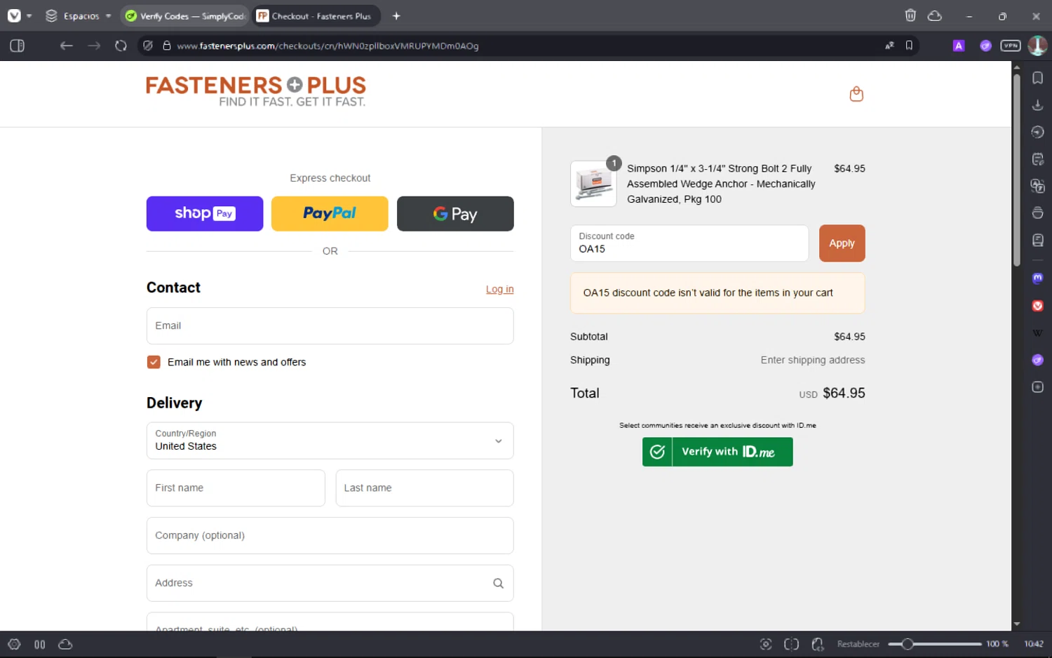 Fasteners Plus checkout page showing Fasteners Plus discount code box | Screenshot taken by SimplyCodes community member on Jul 24, 2025