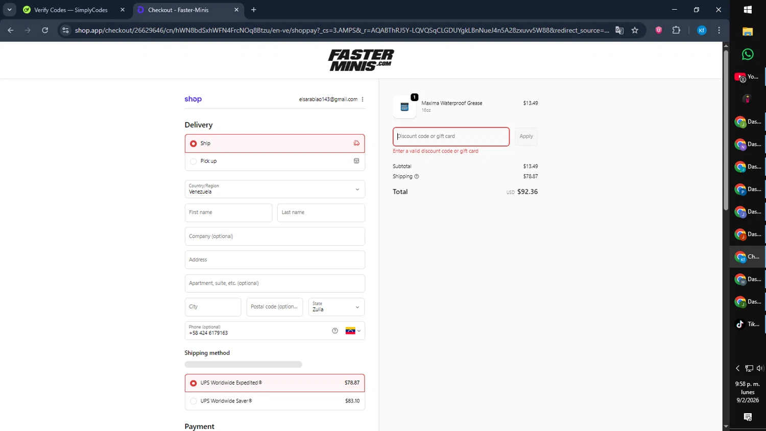 Faster-Minis promo code screenshot showing code FMAPP10 applied at Faster-Minis checkout page. Uploaded by SimplyCodes community member Cynoxx on Feb 10, 2026