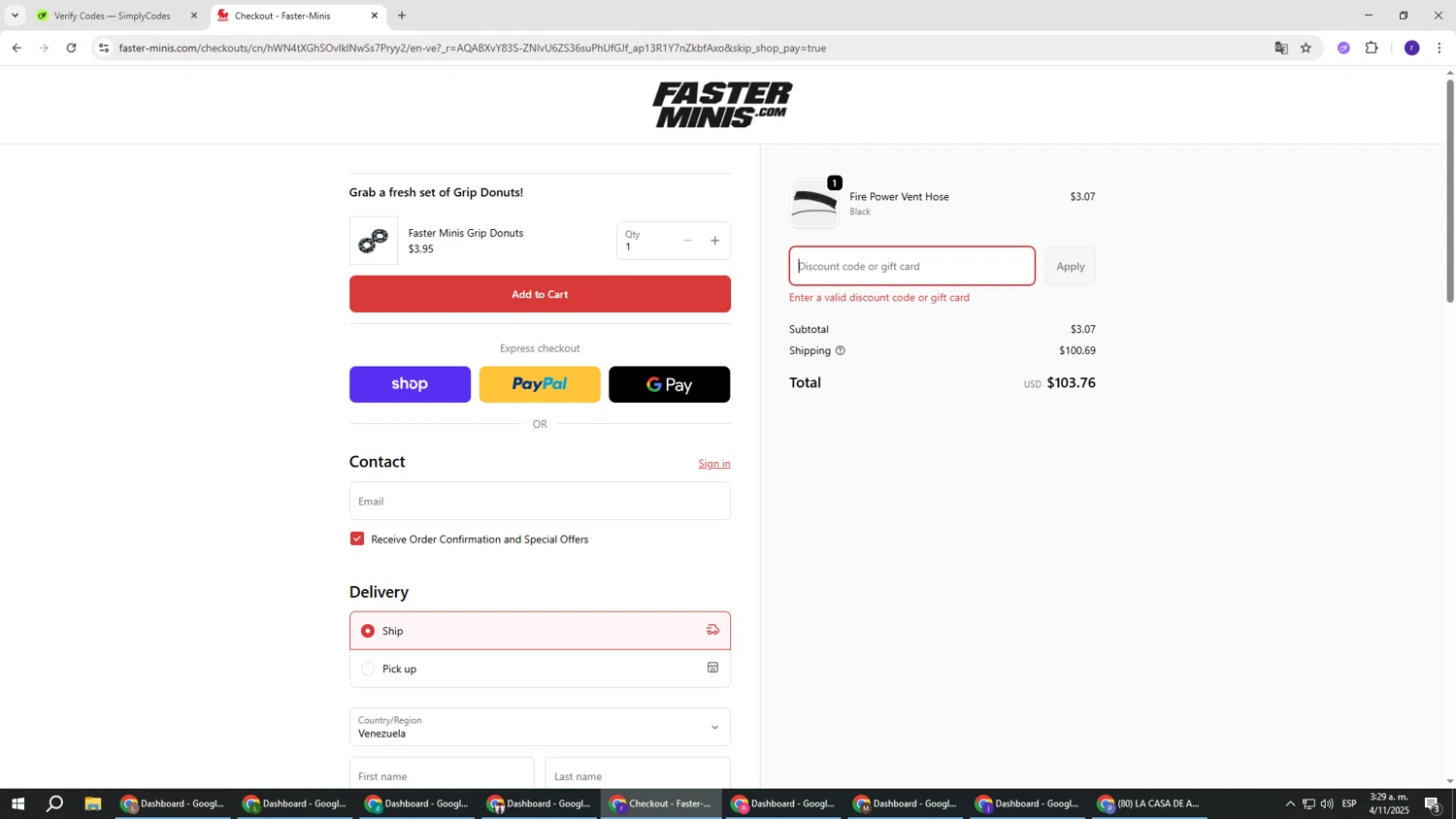 Faster-Minis promo code screenshot showing code SCREAMIN applied at Faster-Minis checkout page. Uploaded by SimplyCodes community member AberthGotopo on Nov 4, 2025