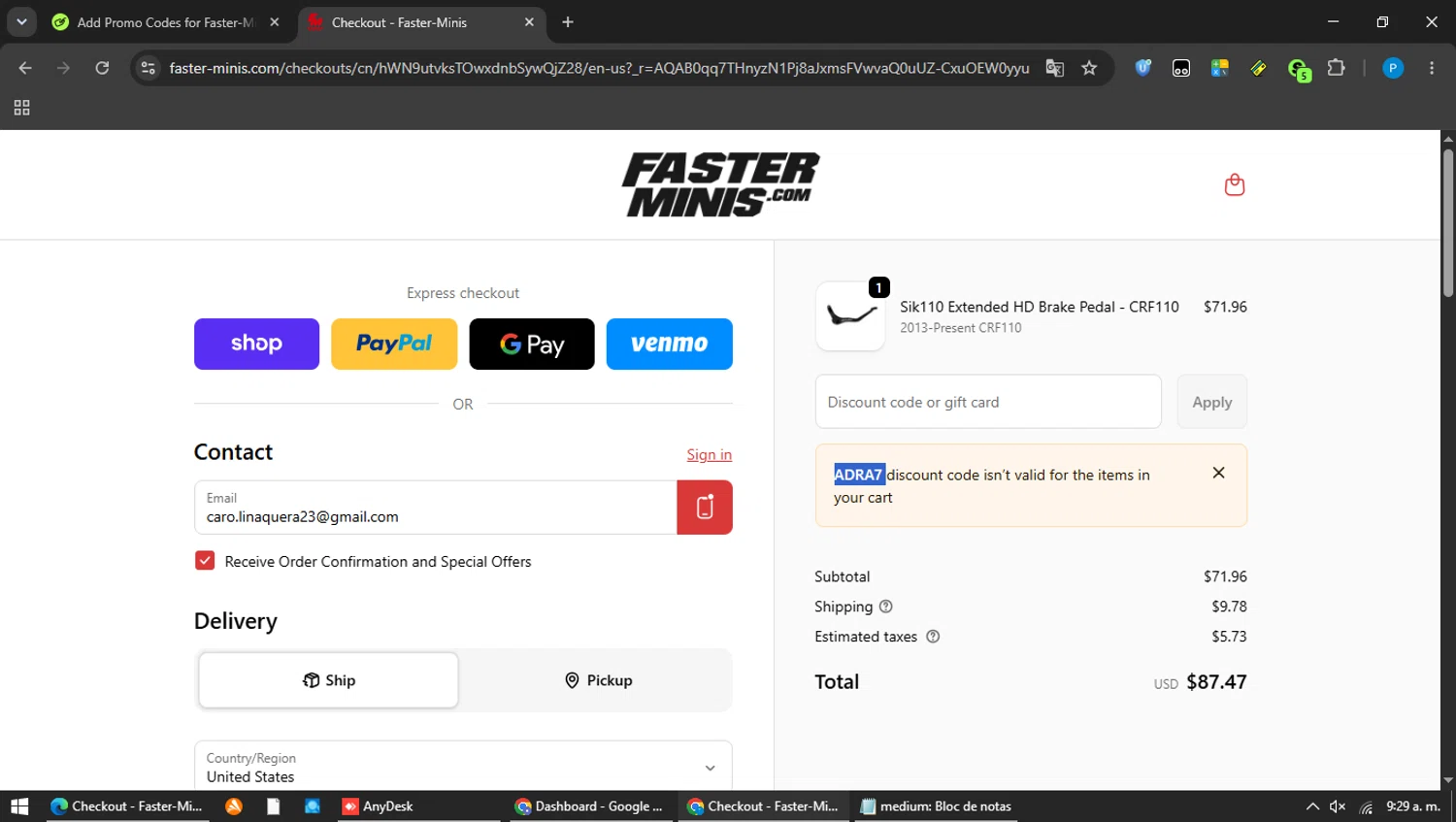 Faster-Minis promo code screenshot showing code ADRA7 applied at Faster-Minis checkout page. Uploaded by SimplyCodes community member MAVESA on Jun 9, 2026
