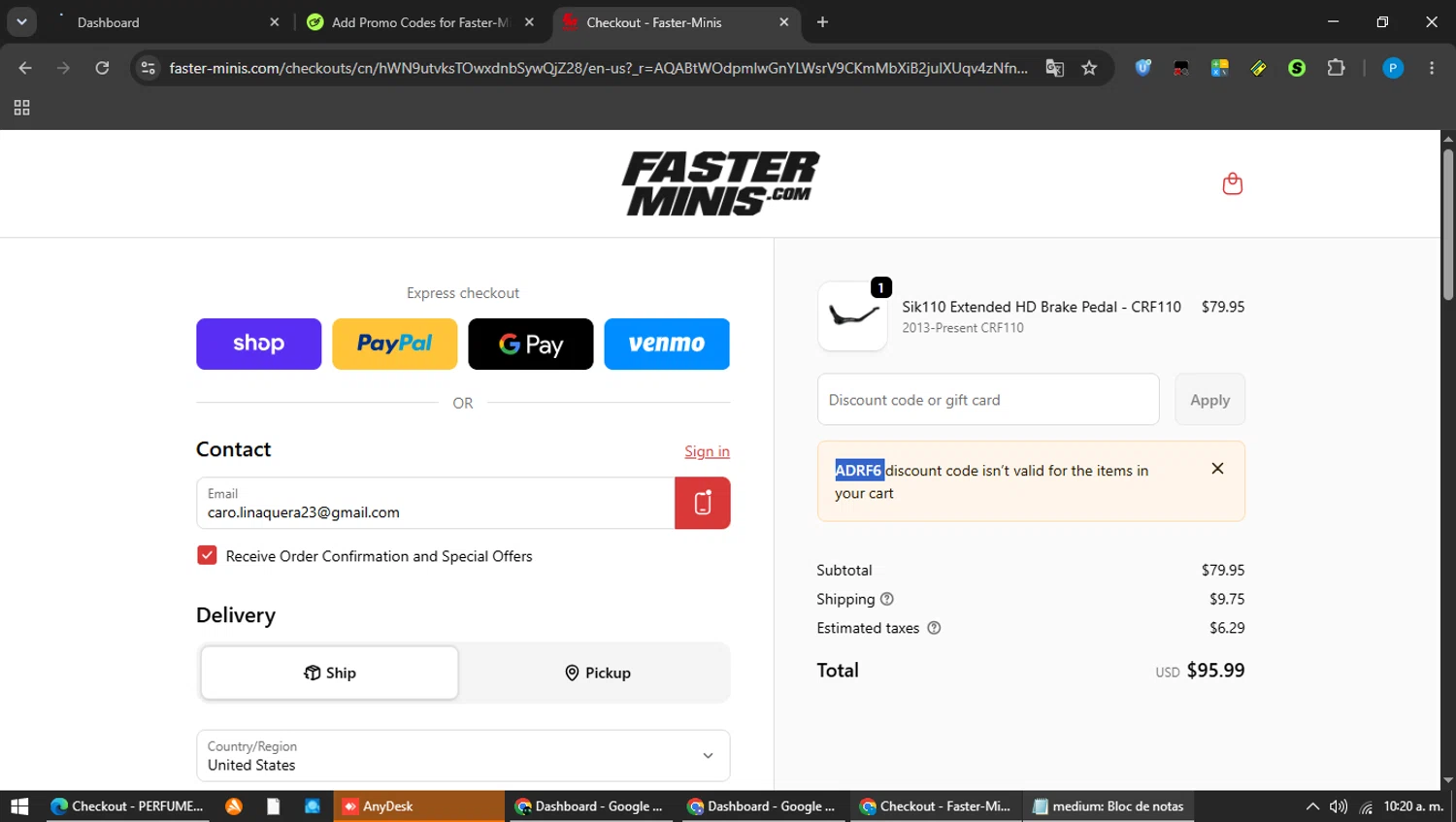 Faster-Minis promo code screenshot showing code ADRF6 applied at Faster-Minis checkout page. Uploaded by SimplyCodes community member MAVESA on Jun 20, 2026