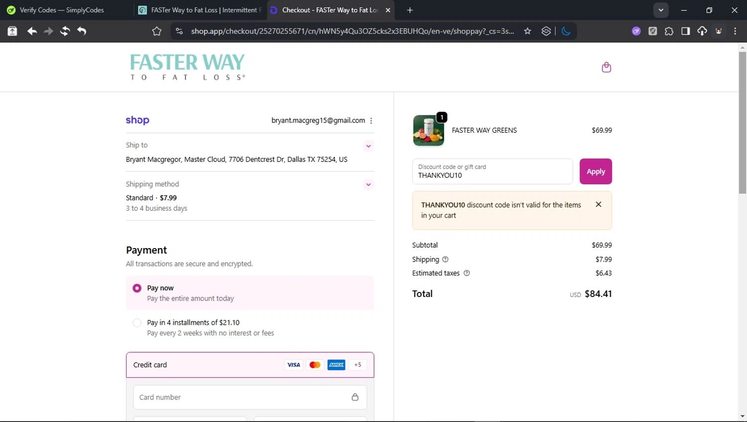 Faster Way To Fat Loss coupon code screenshot showing code THANKYOU10 applied at Faster Way To Fat Loss checkout page. Uploaded by SimplyCodes community member BudgetCollector3125 on Dec 2, 2025