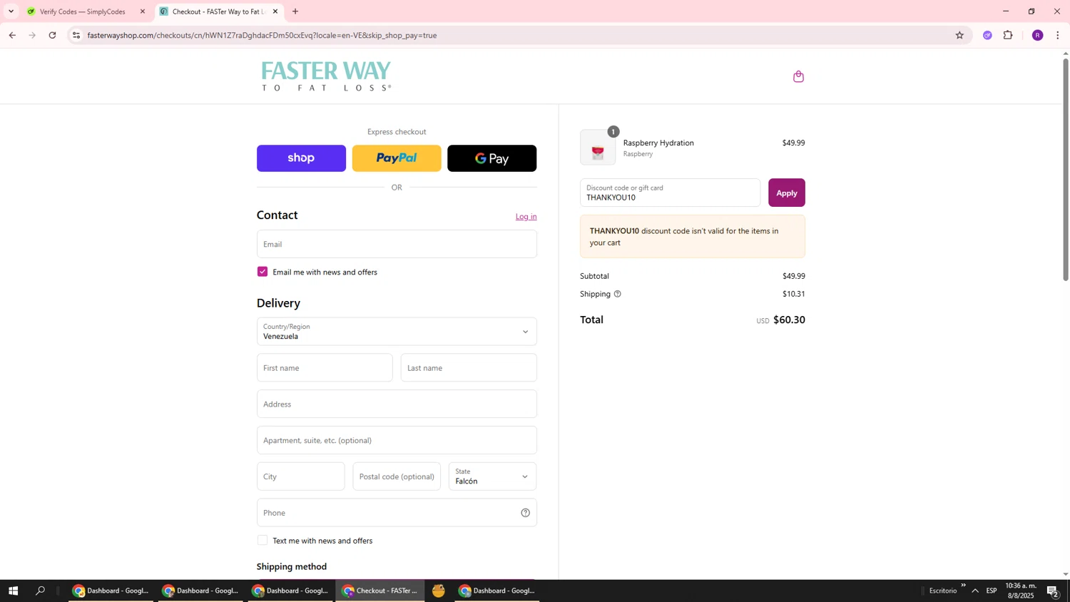 Faster Way To Fat Loss coupon code screenshot showing code THANKYOU10 applied at Faster Way To Fat Loss checkout page. Uploaded by SimplyCodes community member ukemochi on Aug 8, 2025