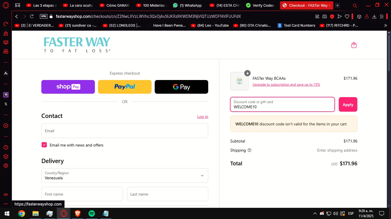 Faster Way To Fat Loss coupon code screenshot showing code WELCOME10 applied at Faster Way To Fat Loss checkout page. Uploaded by SimplyCodes community member Anteserachido on Apr 11, 2025