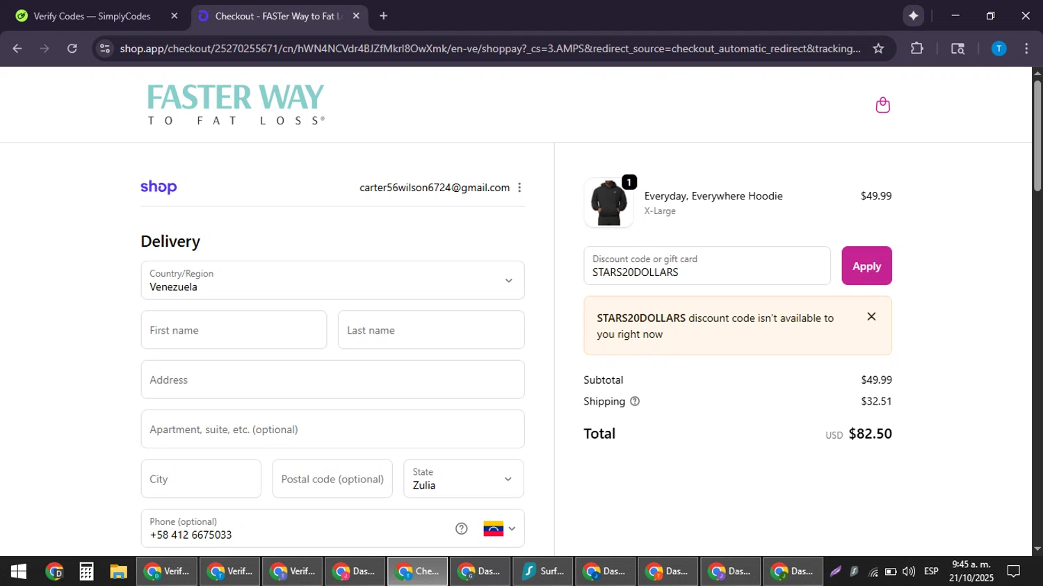 Faster Way To Fat Loss coupon code screenshot showing code STARS20DOLLARS applied at Faster Way To Fat Loss checkout page. Uploaded by SimplyCodes community member LuckyPioneer4530 on Oct 21, 2025