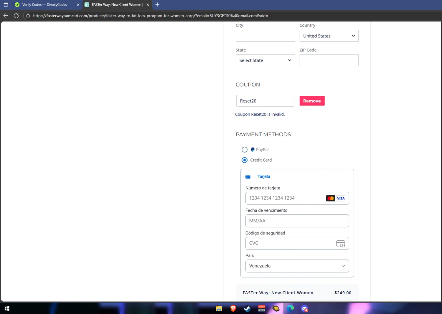 Faster Way To Fat Loss coupon code screenshot showing code Reset20 applied at Faster Way To Fat Loss checkout page. Uploaded by SimplyCodes community member Vipera on Sep 18, 2025