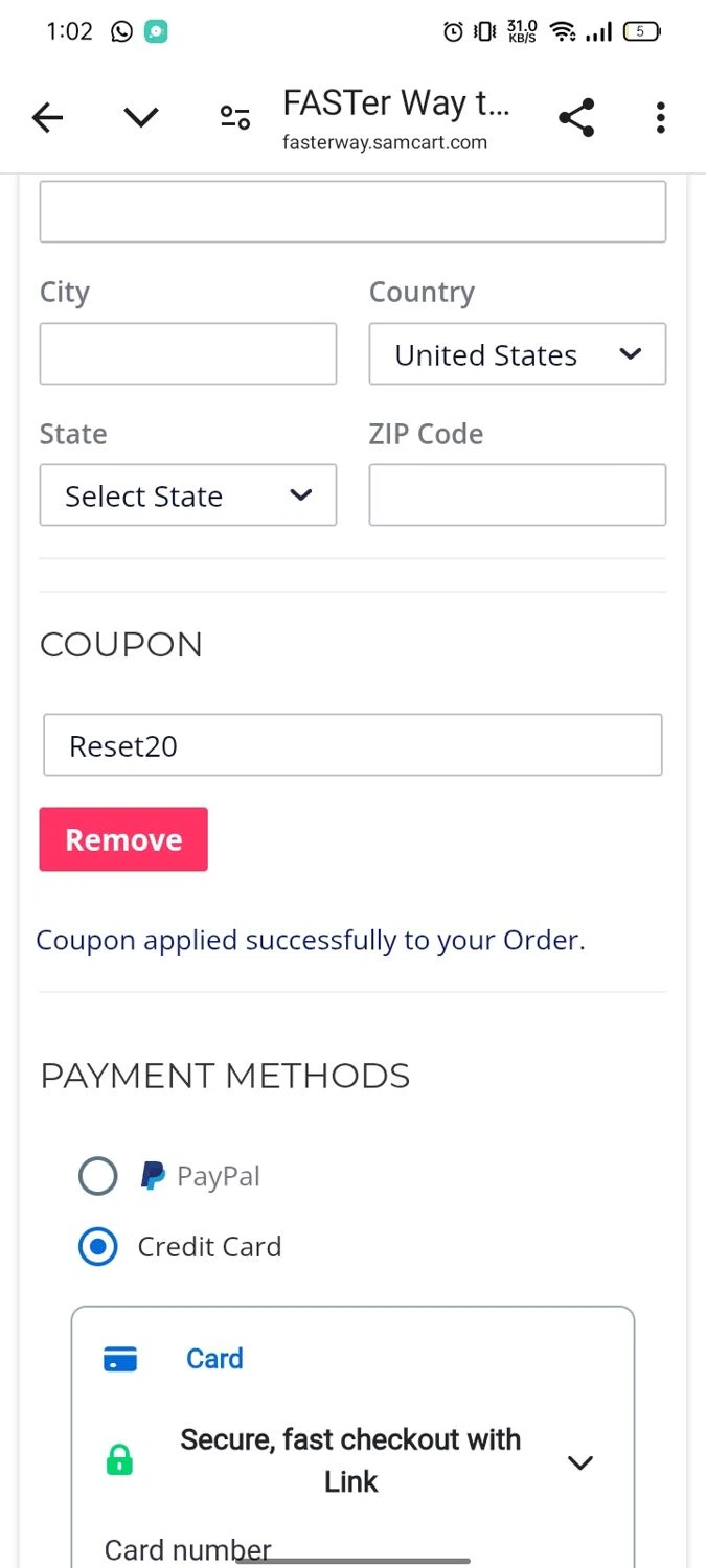 Faster Way To Fat Loss coupon code screenshot showing code Reset20 applied at Faster Way To Fat Loss checkout page. Uploaded by SimplyCodes community member Runner on Aug 20, 2025