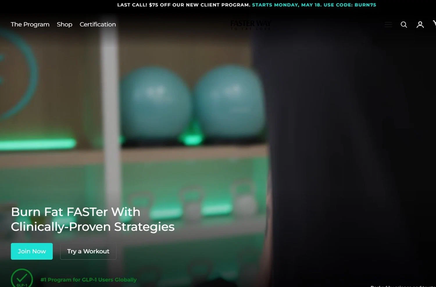 Faster Way To Fat Loss promo code screenshot showing code BURN75 applied at Faster Way To Fat Loss checkout page. Uploaded by SimplyCodes community member josemiguelaponte on May 10, 2026