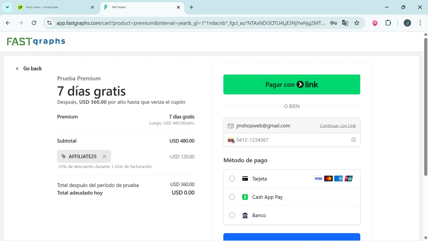 FAST Graphs coupon code screenshot showing code AFFILIATE25 applied at FAST Graphs checkout page. Uploaded by SimplyCodes community member APOLOMONEY on Dec 18, 2025