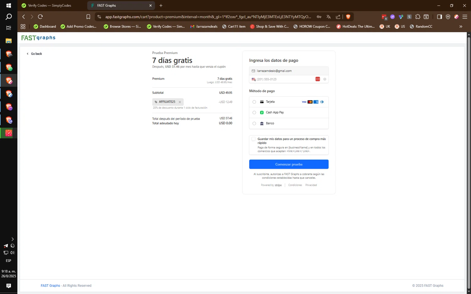 FAST Graphs coupon code screenshot showing code AFFILIATE25 applied at FAST Graphs checkout page. Uploaded by SimplyCodes community member IronMind4607 on Aug 26, 2025