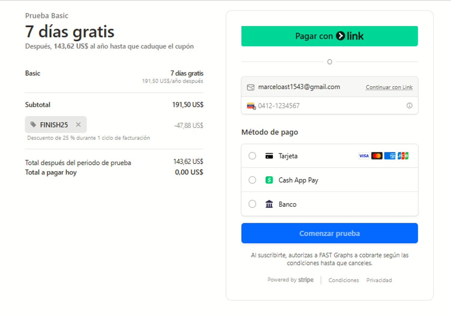FAST Graphs coupon code screenshot showing code FINISH25 applied at FAST Graphs checkout page. Uploaded by SimplyCodes community member mangoBajito1543 on Aug 25, 2025
