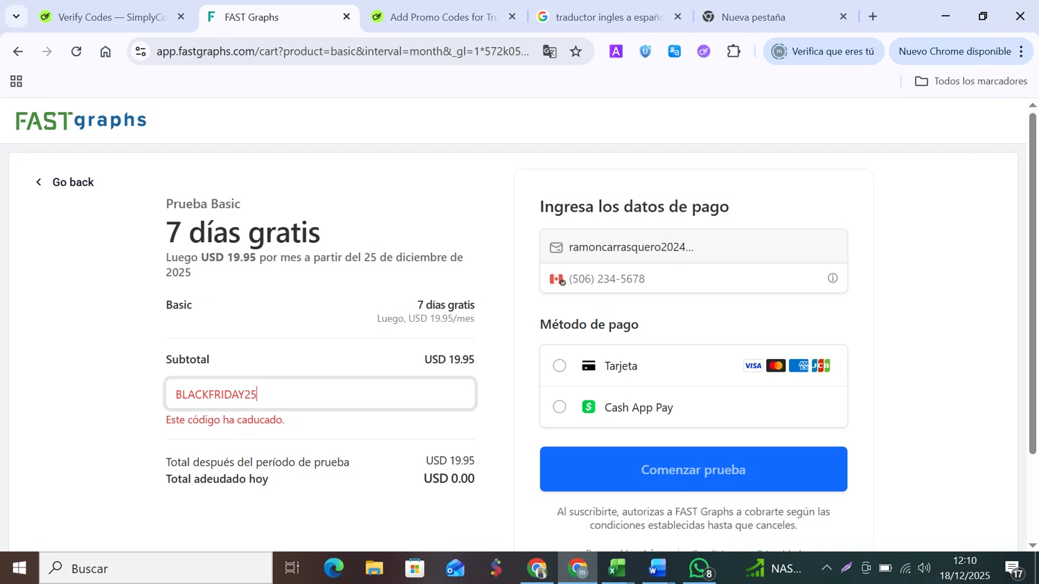 FAST Graphs promo code screenshot showing code BLACKFRIDAY25 applied at FAST Graphs checkout page. Uploaded by SimplyCodes community member MANUELURBINA on Dec 18, 2025