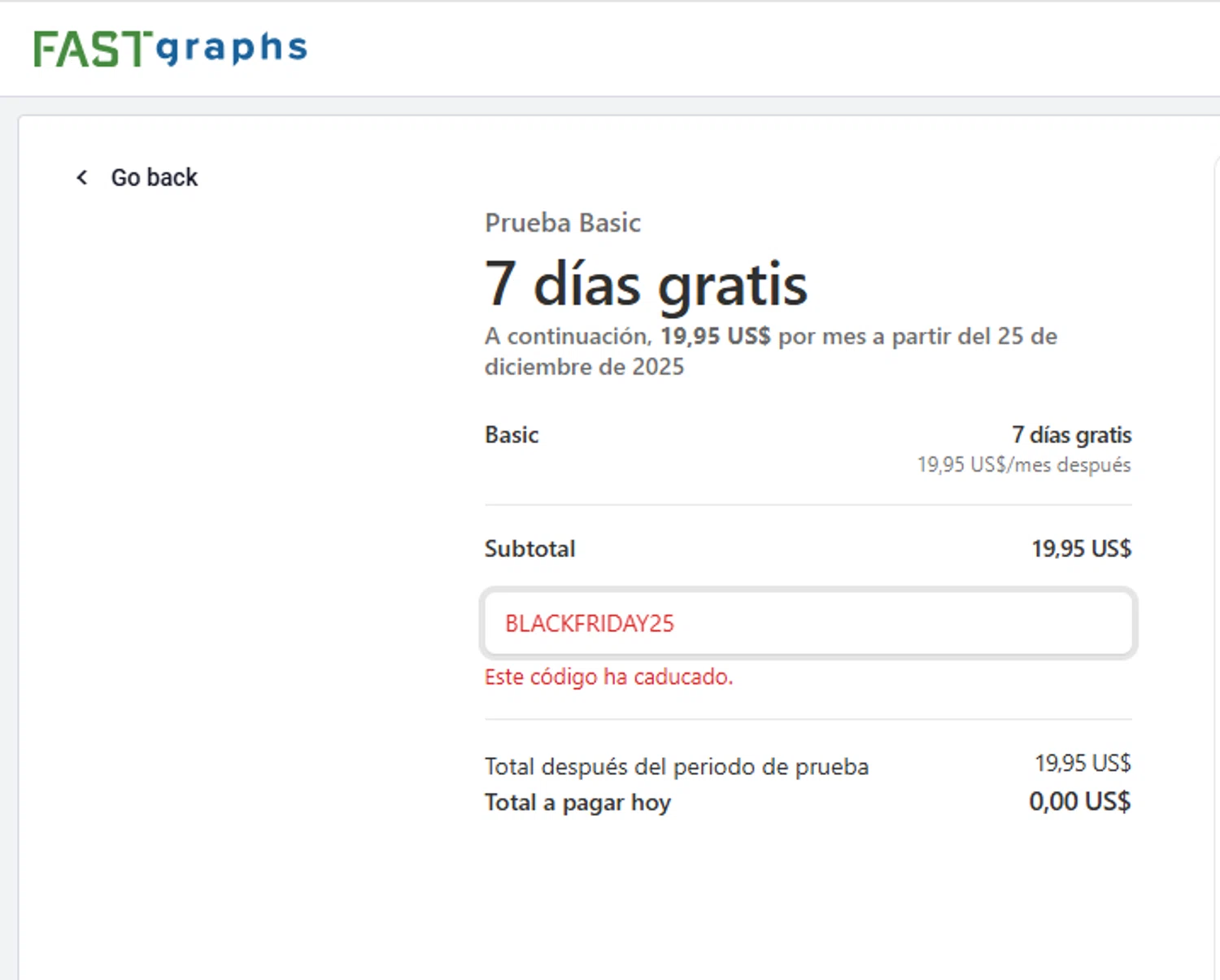 FAST Graphs coupon code screenshot showing code BLACKFRIDAY25 applied at FAST Graphs checkout page. Uploaded by SimplyCodes community member yeresojperez on Dec 18, 2025